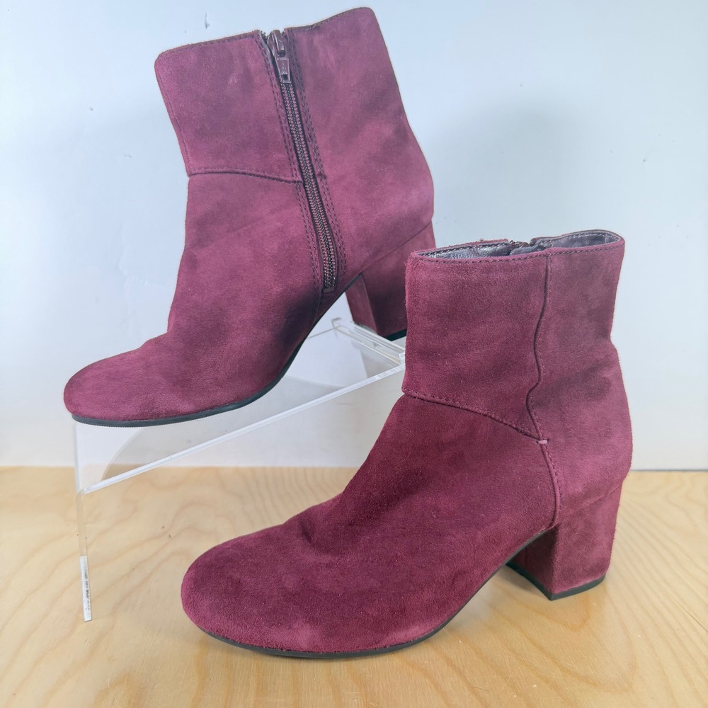 Nine West Burgundy Suede Leather Side Zip Block Heel Ankle Booties Size 5.5M